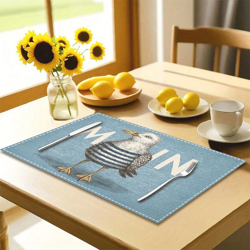 4pcs Cute Cartoon Seagull in Striped Sailor with MOIN Text And Placemat Washable Placemats for Dining Table Kitchen
