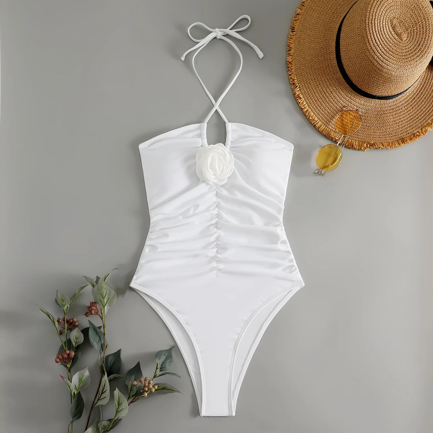 2024 3D Flower Swimsuit One Piece Slim Vintage Swimwear Women Sexy Bathers Bathing Swimming Swim Suit Female Beachwear White