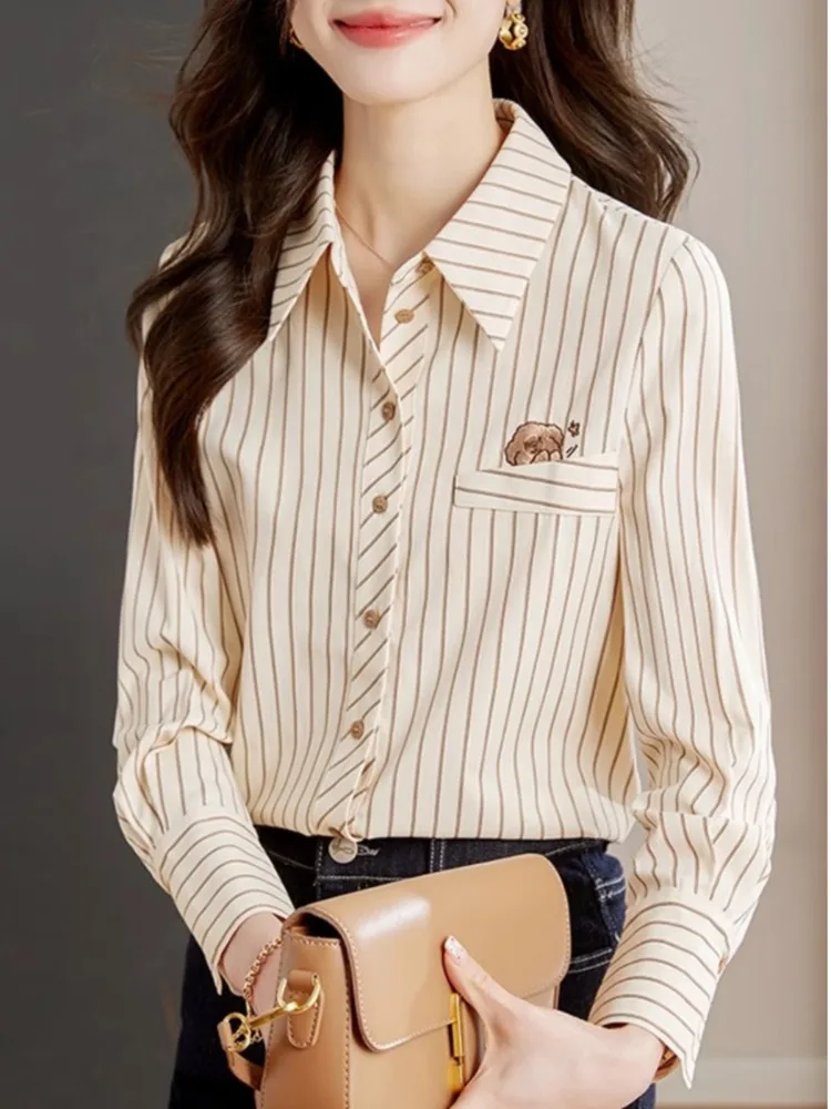 #3258 Striped Shirts Long Sleeve Embroidery Office Shirts Women Single Breasted Womens Tops And Blouses Regular Fit France Style