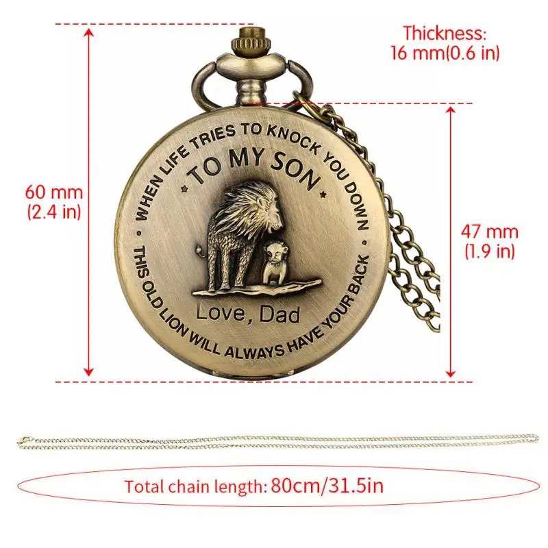 Bronze Customized To My Son Love Dad Pendant Watch Exquisite Lion Design with Necklace Chain Watch Gifts for Son Kids Boys