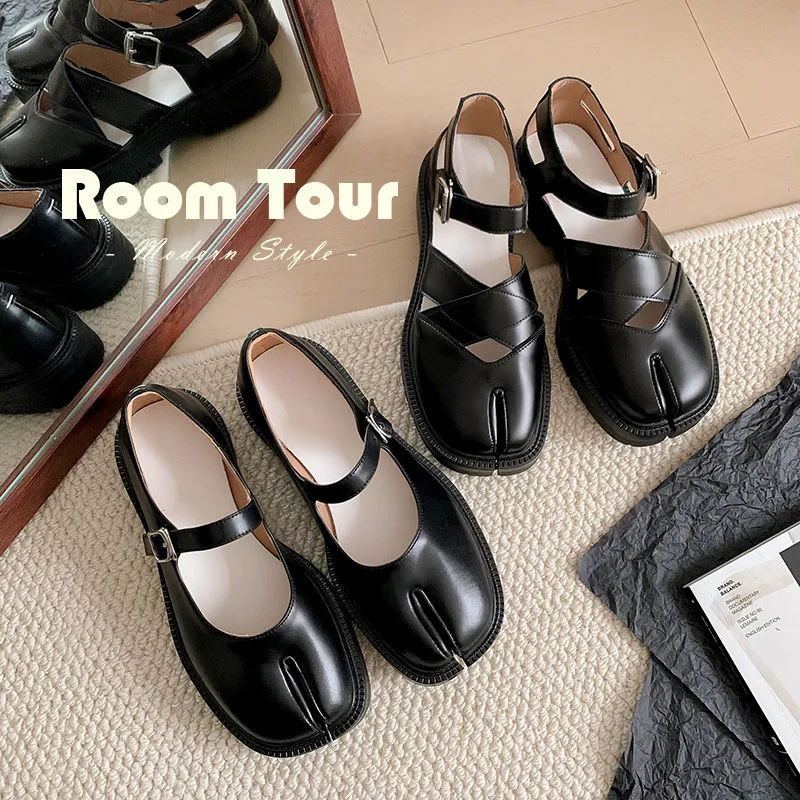 MKKHOU Fashion Pumps New High Quality True Leather Split Toe Shoes Belt Buckle Thick Sole Leather Shoes Modern Mary Jane Shoes