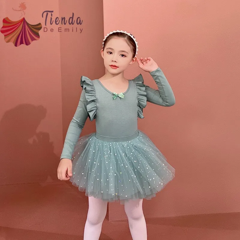 Long Sleeved Girls Dance Clothes Cotton Children's Training Dress One Piece Kids Ballet Leotard Bling Bling Gauze Skirt With Bow