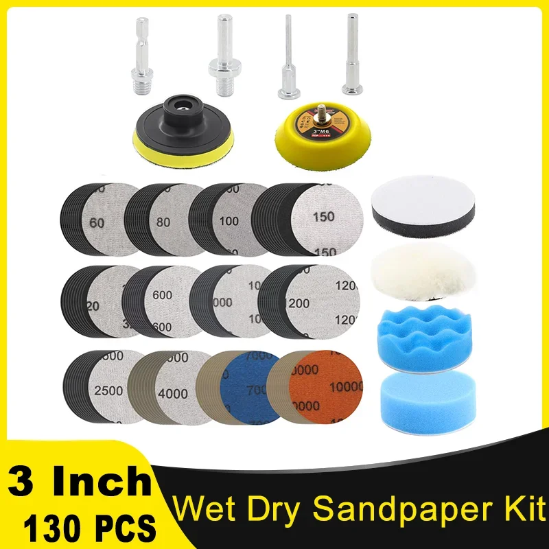 3 Inch Wet and Dry Sandpaper Kit 130 Pcs Grits 60-10000 with  M10 Adapter Interface Pad for Wood Car Polishing Headlight