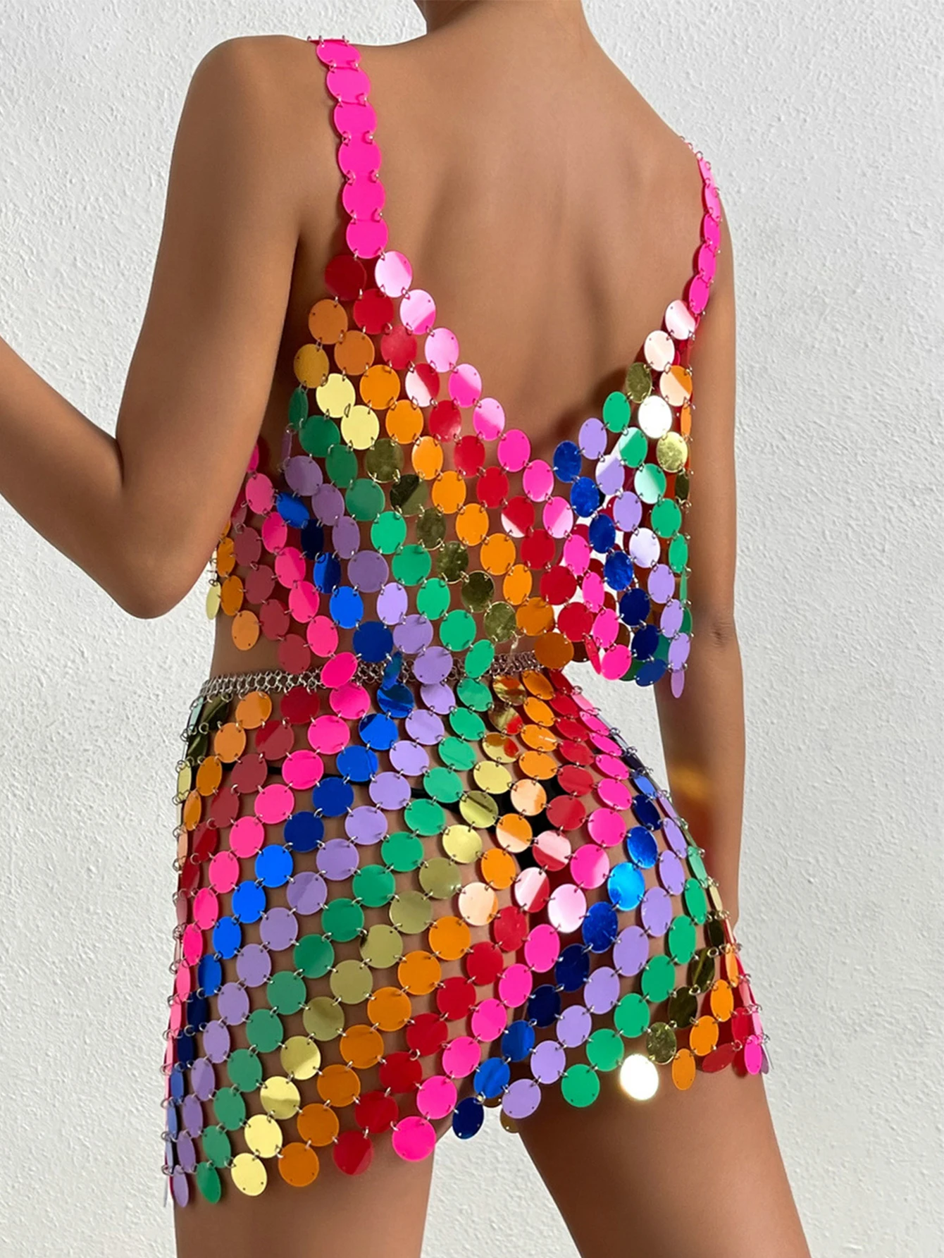 Sexy see through Metal paillettes Summer Dress women backless glitter Club party dresses slip mini bodycon beach dress sets vestidos