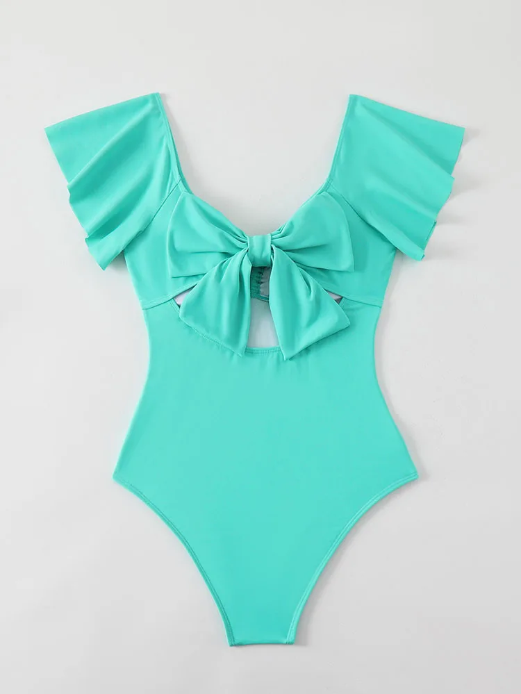 ชุดว่ายน้ำวันพีซผู้หญิง คอวี ผ้าจีบ ขอบระบาย โชว์หลัง กระชับหน้าท้อง ทรงไฮคัท สีพื้น