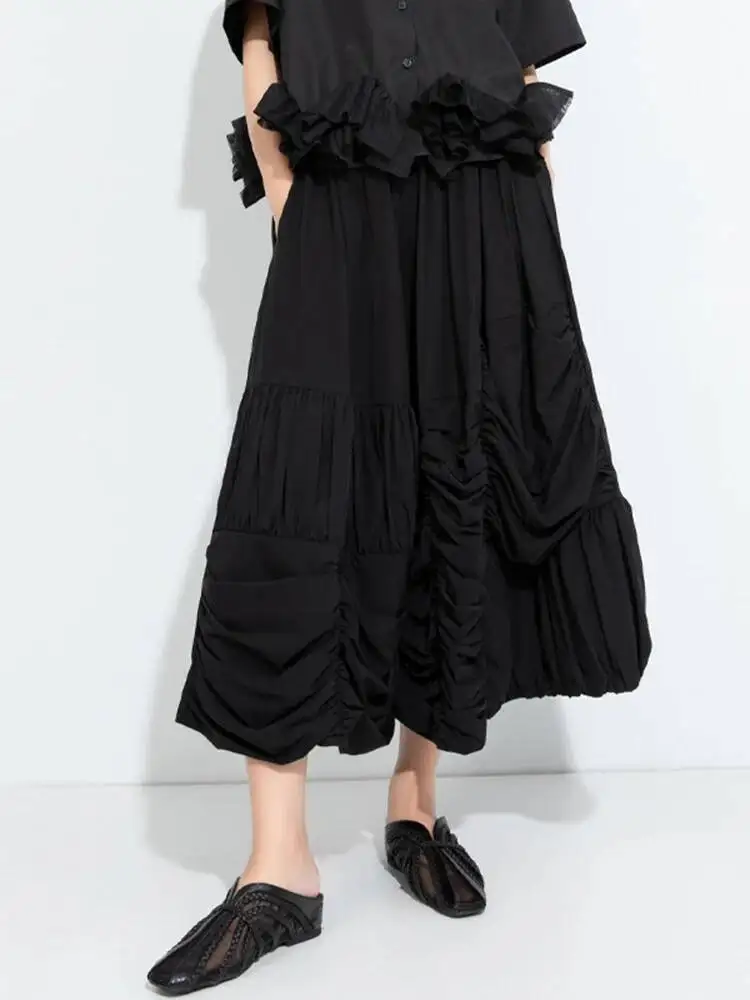 High Elastic Waist Black Pleated Spliced Casual A-line Half-body Skirt Women Fashion Tide New Spring Autumn