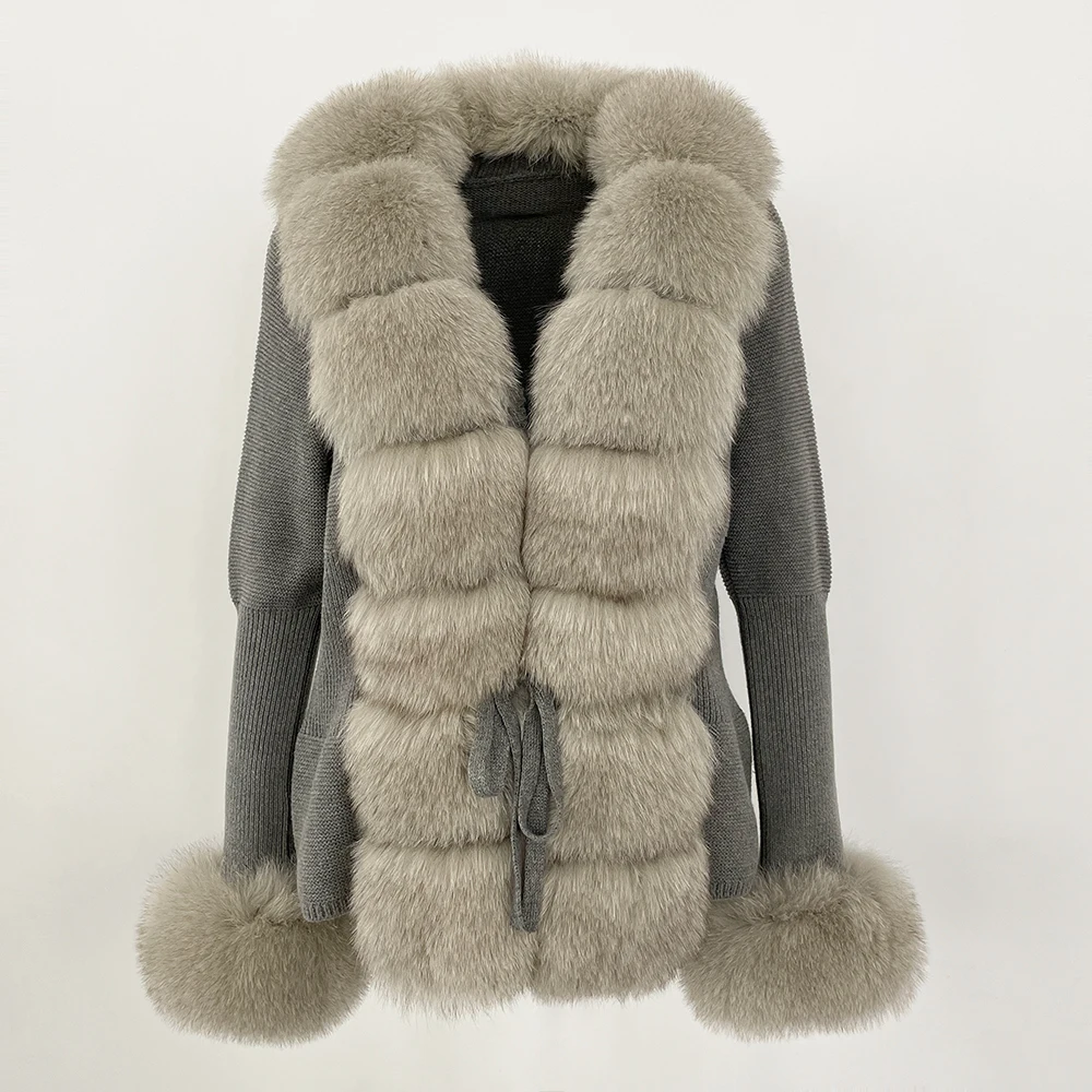 Fur Coat Luxury Bandage Fur Cardigan Detachable Patchwork Knitted Sweater Collar Jacket New Autumn-winter Women's Fur Coat