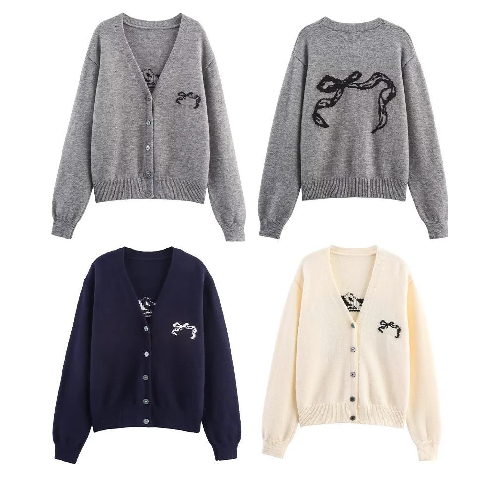 

Taop&Za women's autumn new product casual versatile V-neck long sleeved single breasted knitted sweater jacquard cardigan