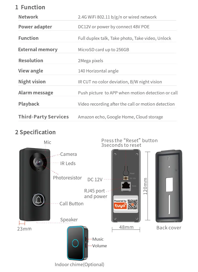 Tuya App 1080P Wifi IP Video Doorbell Intercom HD Camera 140° Wide Viewing Angle IR Night Vision Outdoor Doorphone Remote Unlock