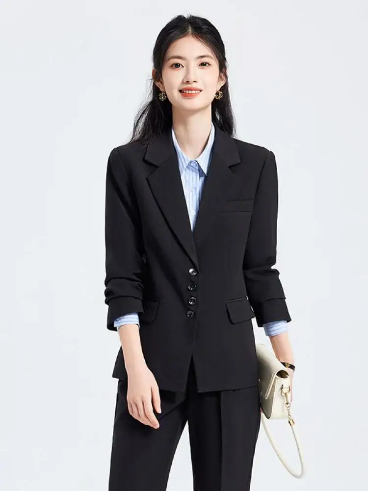 Autunno Inverno Donna 2025 Nuovo Nero Grigio Elegante Abbigliamento da lavoro da ufficio Maniche lunghe Blazer Cappotto + Pantaloni professionali Set da due pezzi