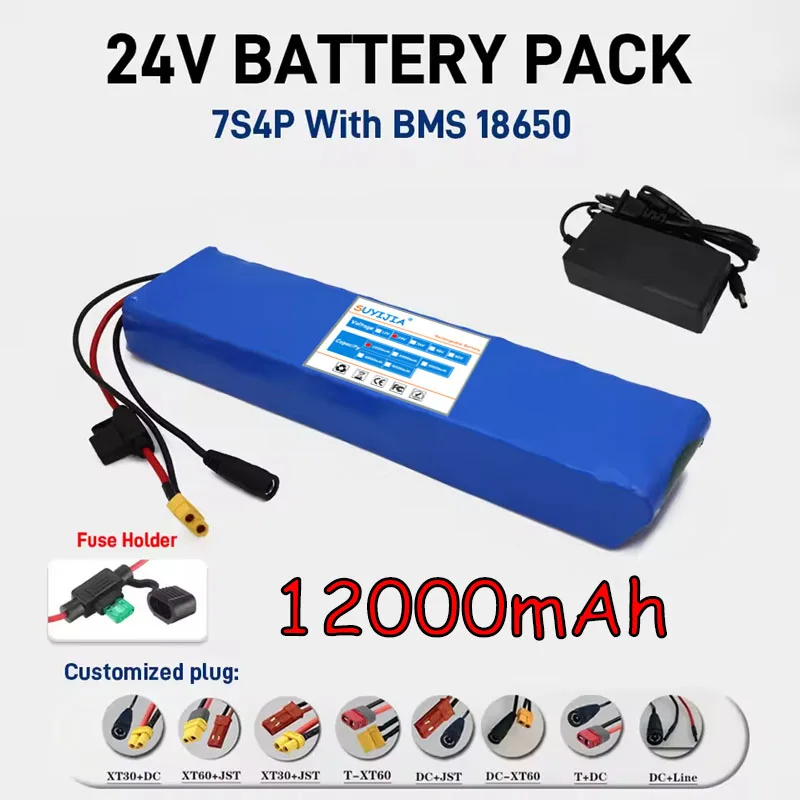 

Batterie Au Lithium Rechargeable 24V 12000mAh, 18650 Cellules 7S4P Avec BMS 15A + Chargeur 29.4V, Compatible 250W/500W