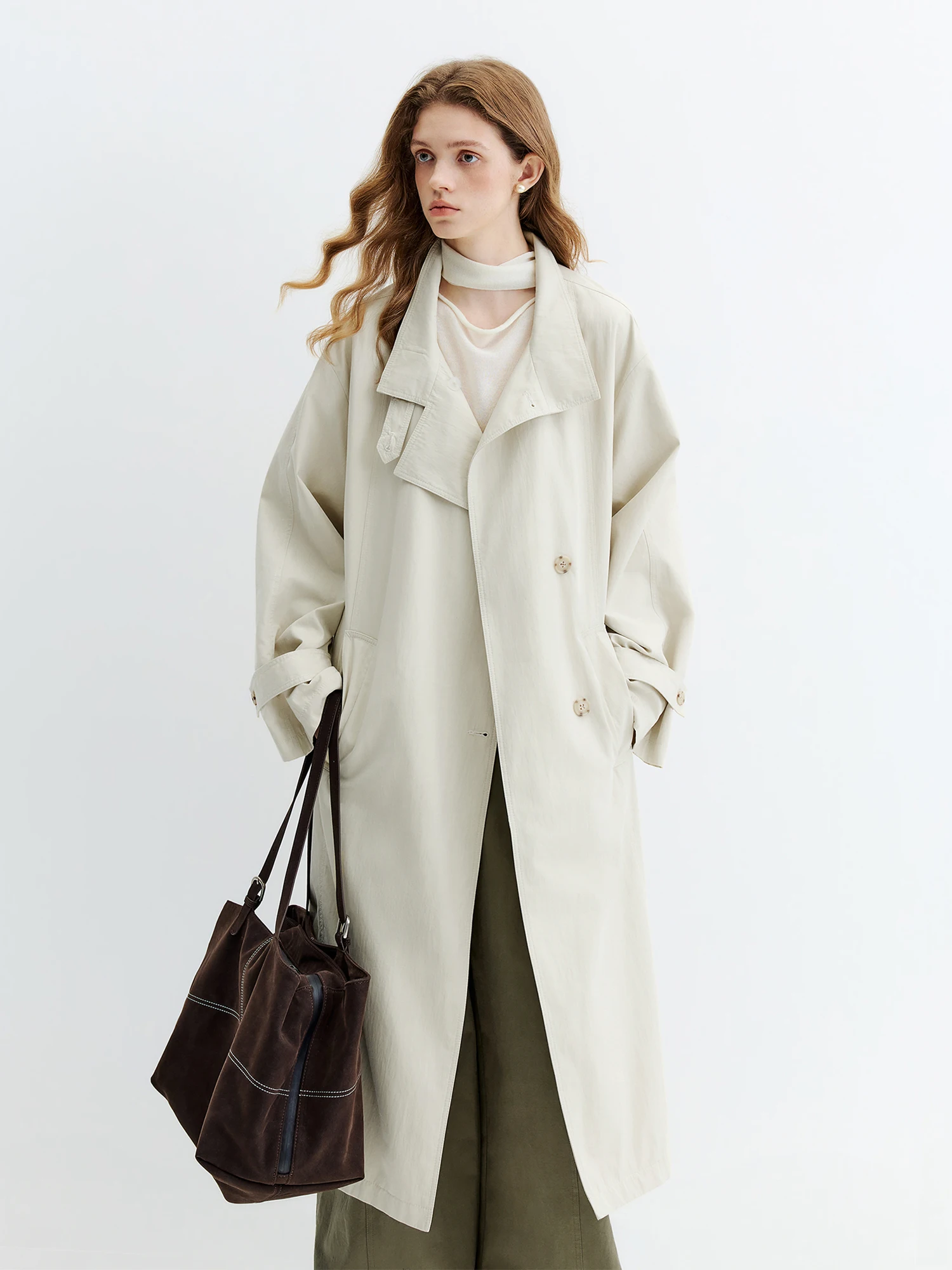 FSLE 2026 Autumn Women's Effortless Relaxed Stand Collar Mid-Length Trench Coat - Oversized Loose Fit for Casual Daily Wear