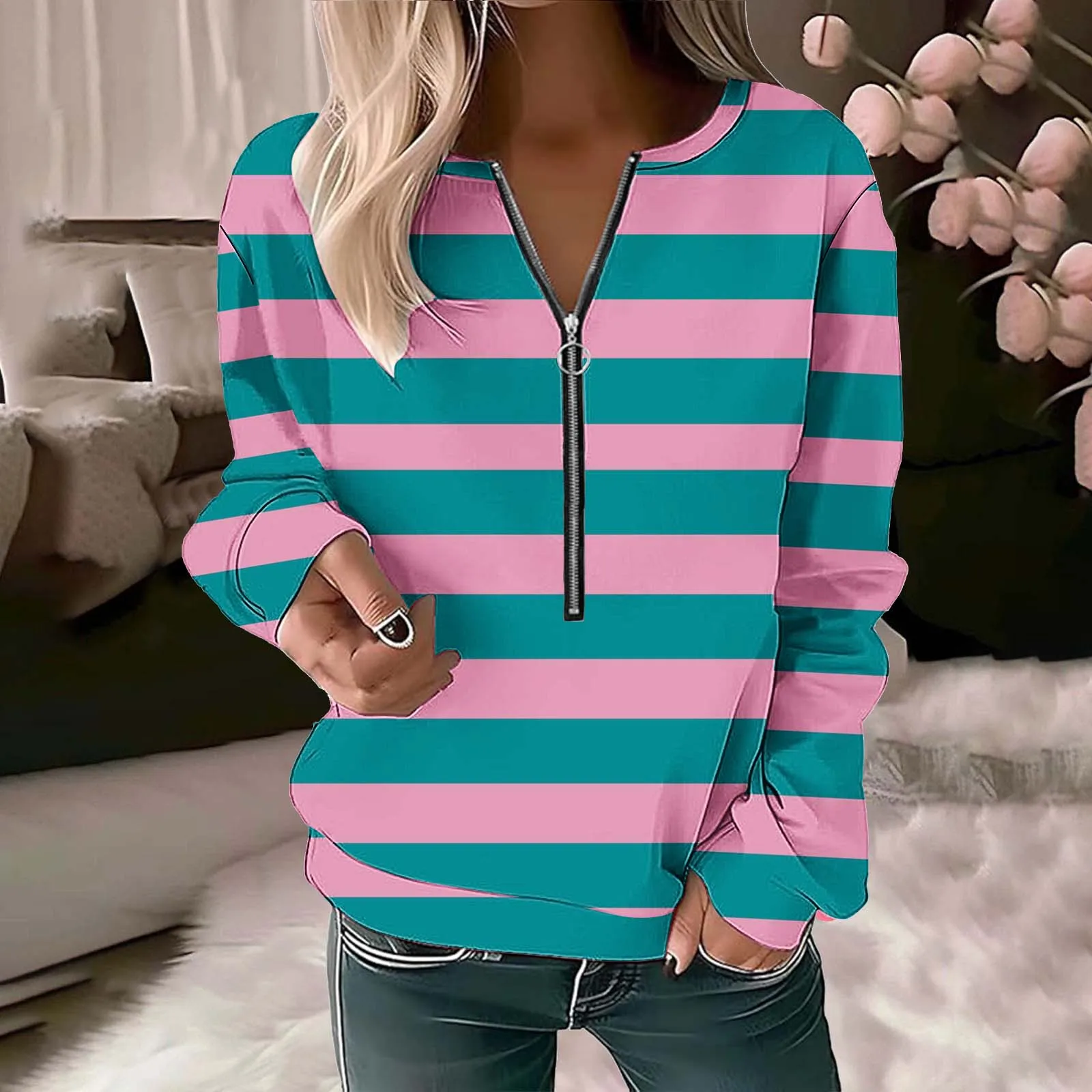 2024 Stripe Print Zipper Hoodie For Women Autumn Leisure Long Sleeves Pullover Sweatshirt Women Fashion Street Hoodies Woman\'s