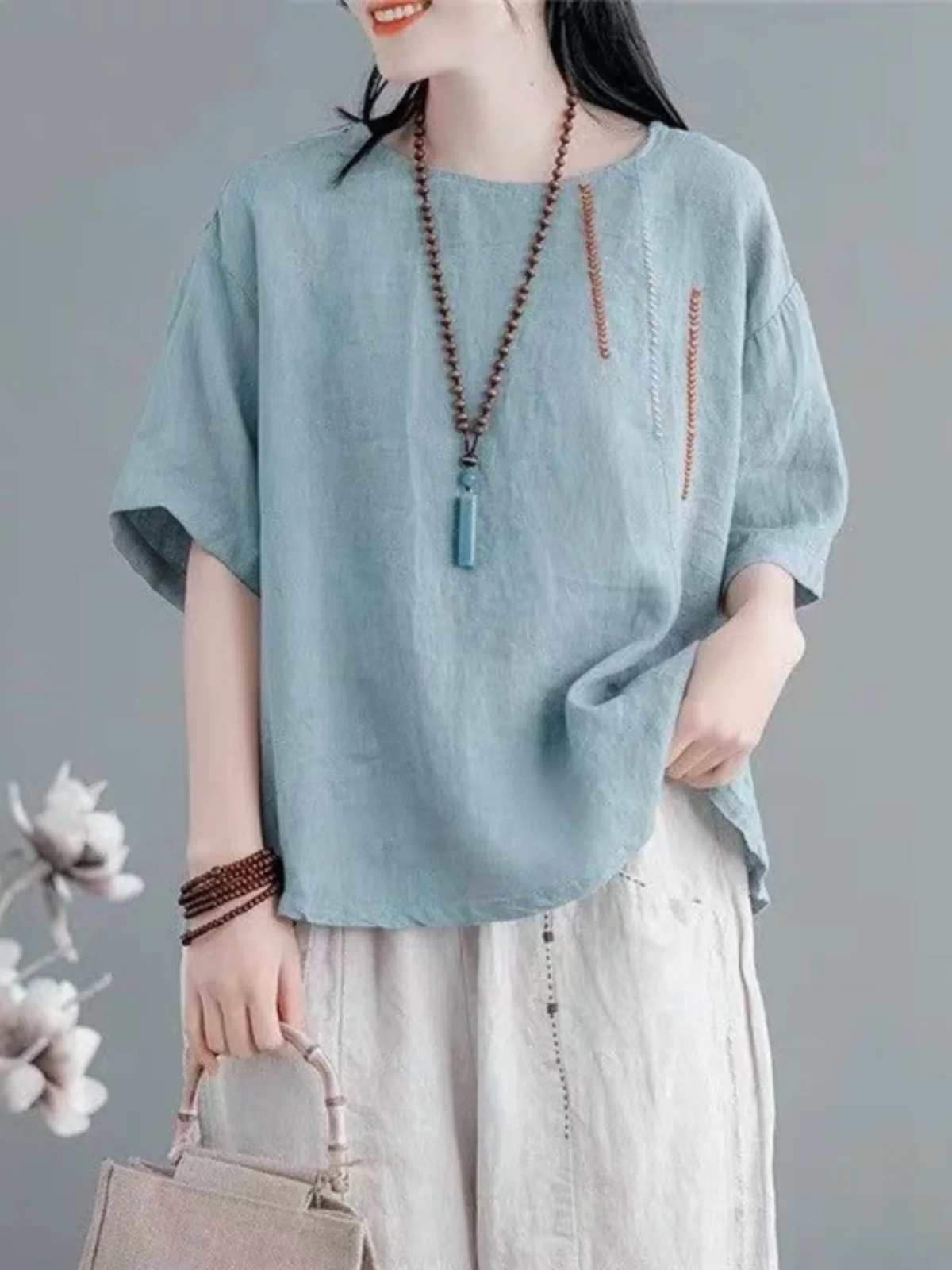 

Loose Fit round Ne ort Sve T-irt Women's Summer New Sle Cotton Linen Embroidery Simple Base irt Korean Sle Com...