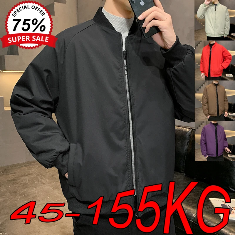 Large Size M-8XL Baseball Jackets Warm Cotton Men's Winter New Thick Loose Plus Size Solid Color Black Long-sleeved Coats