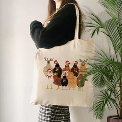 Cute Christmas Chickens Pattern Canvas Shopping Bag Cute Christmas Chickens Tote Bags Best Gift Christmas for Farm Girls