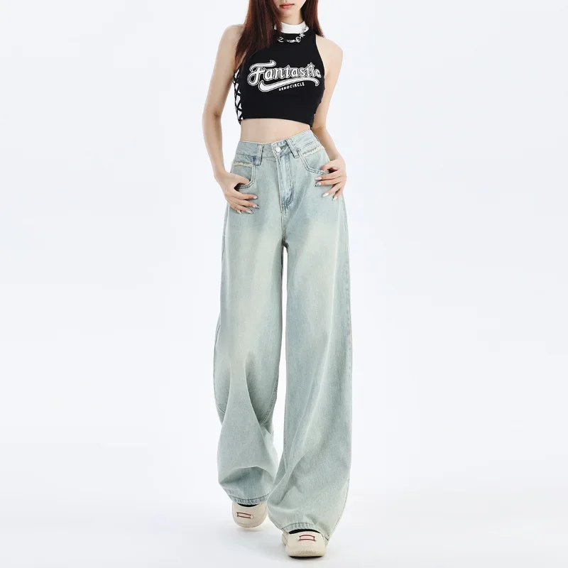 Fashion New Women's Light Blue Loose Wide Leg Denim Pants with High Waist and Slimming Embroidery Design Hanging Floor Pants