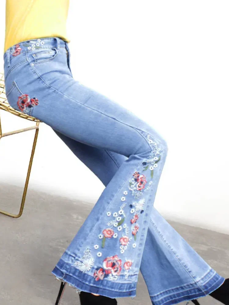 Flower Embroidery Jeans Women Y2k Pants Casual Mid-waist Wide Leg Pants Light Blue Washed Jean Femme Denim Trousers Women S-XXXL