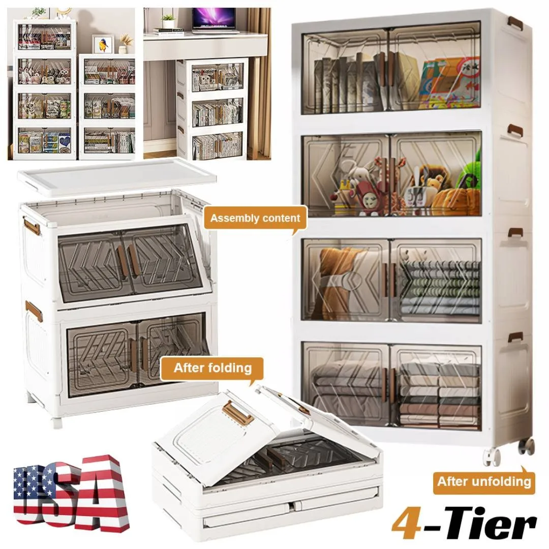 

4 Tier Folding Storage Cabinet Stackable Boxes with Magnetic Doors & Wheels US