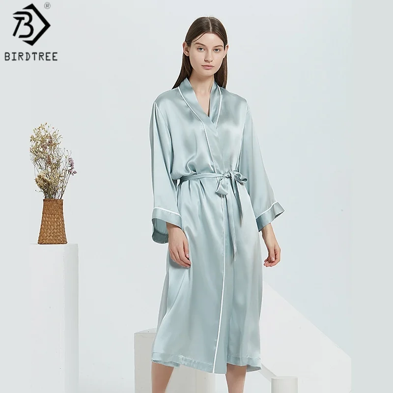 BirdTree, OEKO-TEX, 19MM 100% Silk Night-robe, Women's Long Sleeve Sash Morning Robe, Elegant Pajama Robe, 2026 New T69703JF