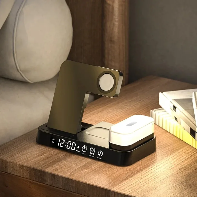 3 In 1 Fast Charging Station Wireless Charger Stand Pad Alarm Clock Night Light Dock for iPhone Samsung Galaxy Watch IWatch