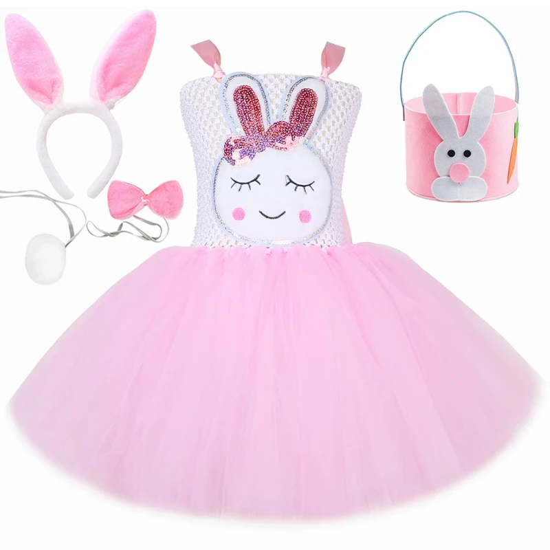 Girls Pink Rabbit Dress 1-12 Years Fluffy Bunny Cosplay Costume for Kid Easter Halloween Little Girls Birthday Party Decoration