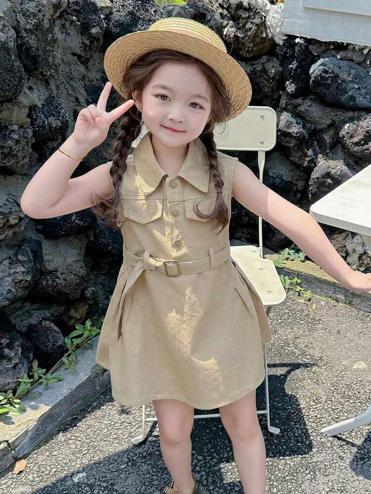 Girl\'s Birthday khaki cotton Sleeveless Dress Summer Thin 2024 New Children\'s Fashionable Loose Waist Tank Top Casual Dresses