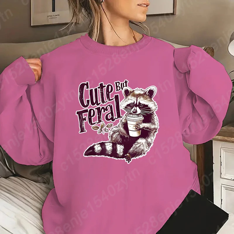 Novo outono feminino manga longa pullovers sem capuz guaxinim bonito mas feral impressão em torno do pescoço ao ar livre camisolas tendência superior feminino