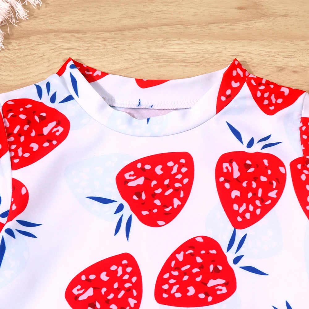 Baby Girls Two Piece Swimsuit Strawberry Print Swimwear Kids Swimming Clothing Long Sleeve Summer Beachwear Bathing Suit