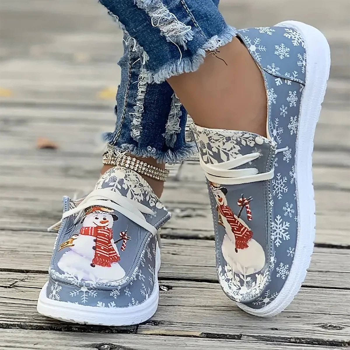 Women Casual Flats Spring Autumn Christmas Snowman Small Pattern Loafers Woman Comfortable Slip-On Outdoor Walking Shoes Women