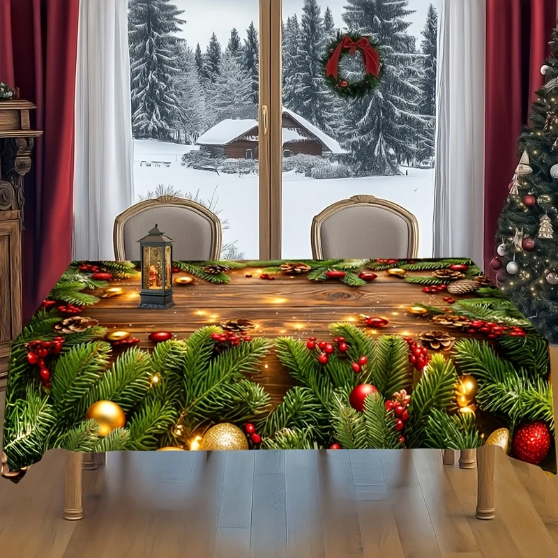 1pc  Christmas Tablecloth Rustic Wood Grain Xmas Pine Branch Printed Table Cover for Holiday Dining Party Decor