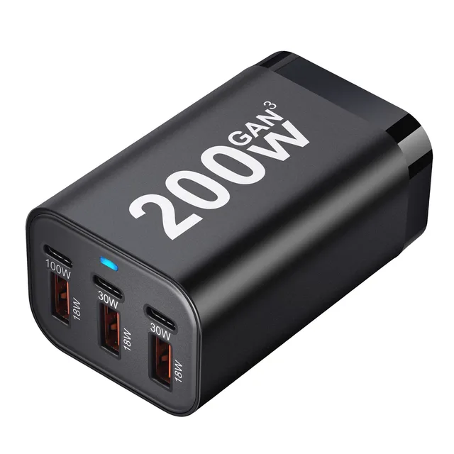 USB C Fast 200W 6-portowa ładowarka szybka GaN zasilacz do iPhone'a serii 14/13/12, Samsung Galaxy S23/S22/S21