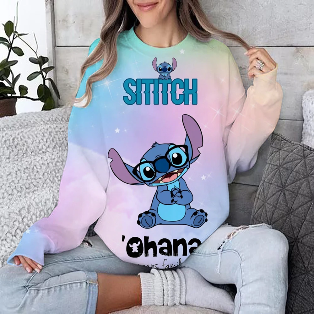 2024 nueva sudadera de dibujos animados de Disney Lilo & Stitch para mujer, Jersey holgado con cuello redondo, Top de manga larga con estampado divertido de otoño