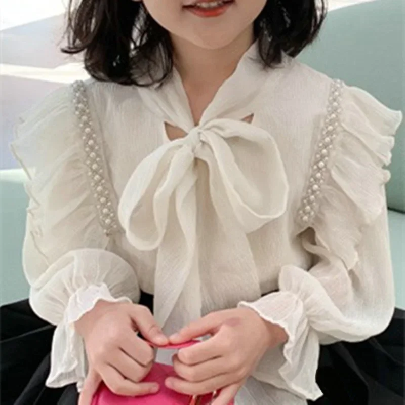 

School Girls Long Sleeve Ruffles Bow Shirts Baby Toddler Girl White Blouse Tops Kids Bottoming Shirt Autumn Children Clothes