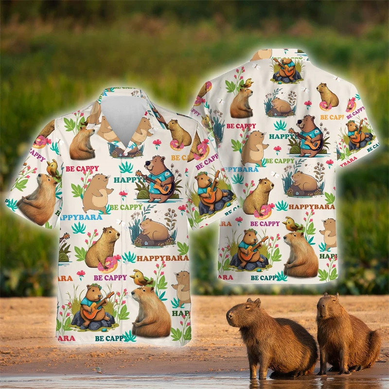 Camisas Divertidas com Estampa 3D de Capivara para Homens, Roupas Casuais, Camisa de Praia Kapibara, Blusas de Desenho Animado de Animais Havaianos, T
