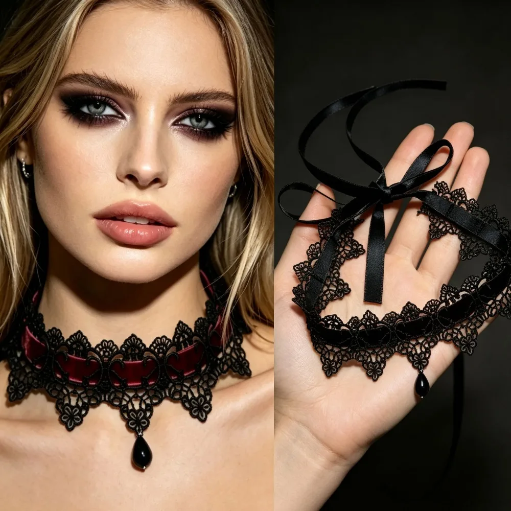 Female Gothic Lace Bow Collar Choker Vintage Black Short Necklace Elegant Retro Dark Jewelry Daily Party Birthday Holiday Gift