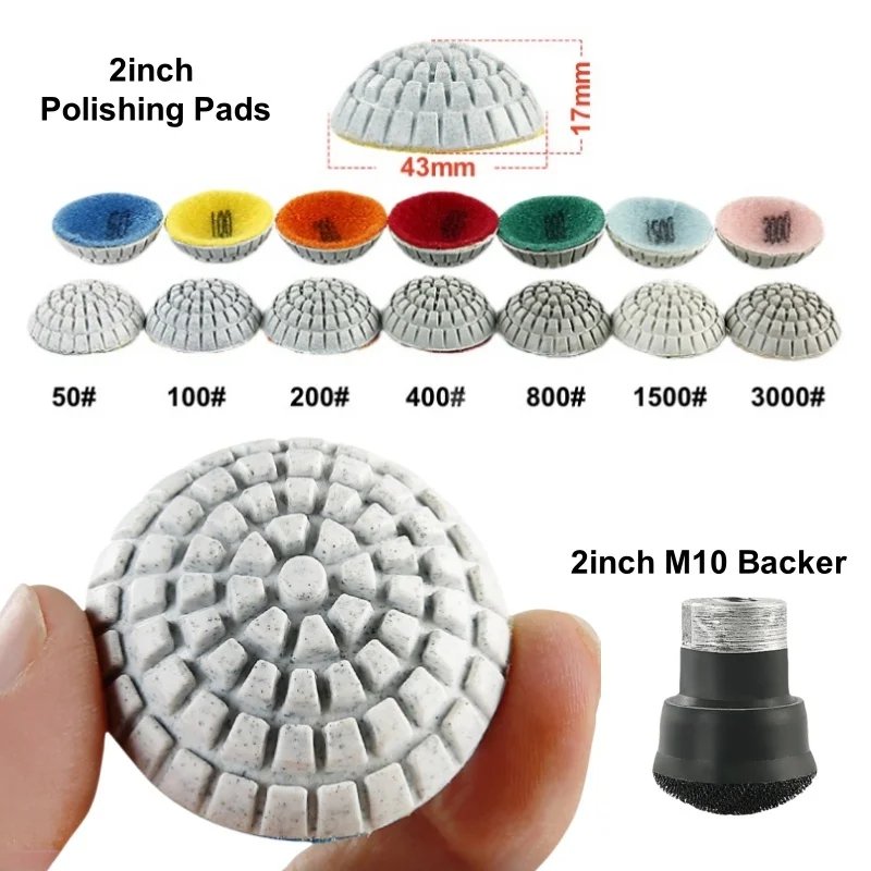 

7pcs 2 Inch Convex Diamond Polishing Pads with M10 Backer Pad for Marble Granite Stone Polishing Grinding Discs, Grit 50#-3000#