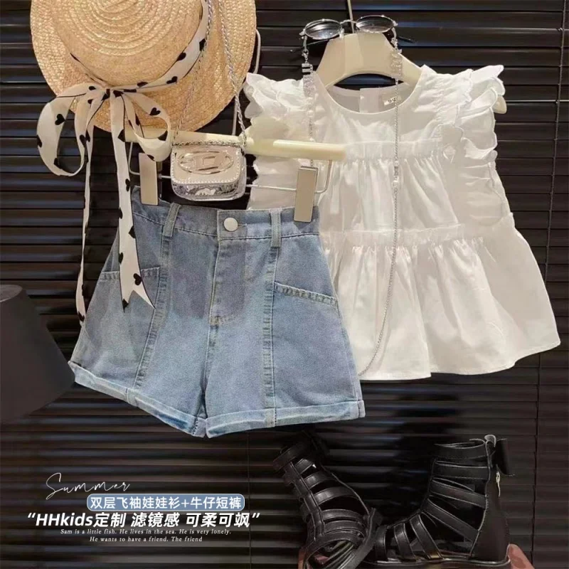 

New Product Set Girls Tree Fungus-like Lacework Solid Color Doll Shirt Denim Shorts Western Style Two-Piece Suit2024Summer Cloth