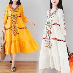 White Boho Vintage Style Hand Embroidered Robe Summer Mexican Dress Vintage Loose Ladies Dress Vestido Solto Vintage Dresses