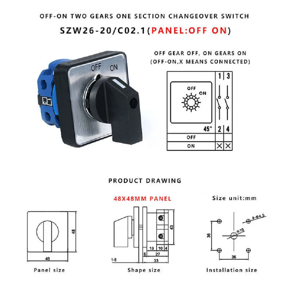 SZW26-20/C02.1 2-Position Cam Changeover Switch 1-Section OFF-ON Panel Mount 20A 690V AC23A DC21A Use Category Certified