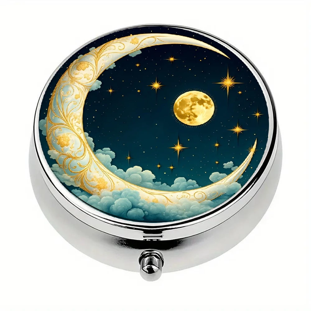 1Pc Flat Pill Box with Golden Crescent Moon and Stars Pattern, Three Compartments, Portable Medicine Organizer, Food Safe, Fits Wallet or Pocket, Flat