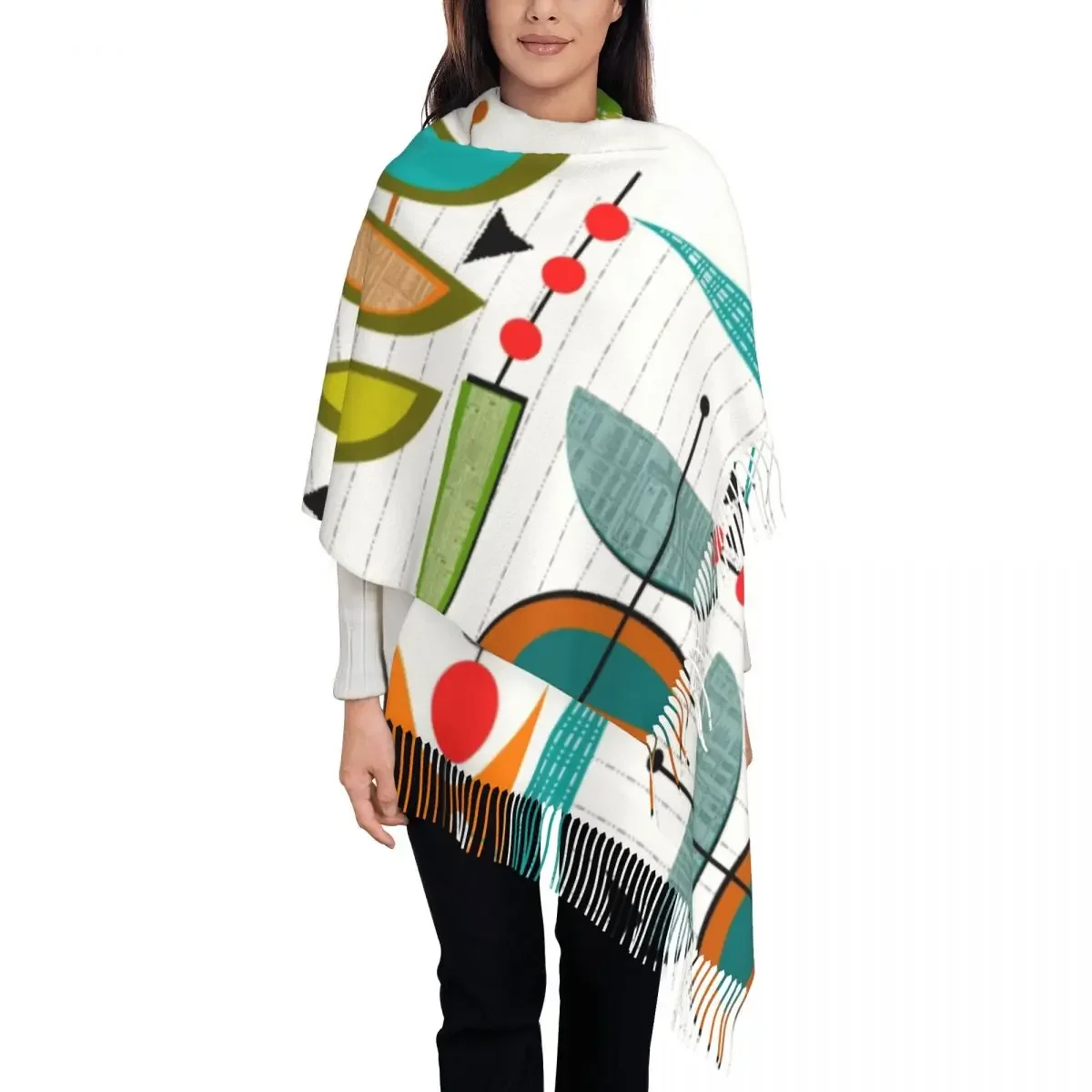 Mid Century Modern Abstract Geometric Scarf Wrap Women Long Winter Warm Tassel Shawl Unisex Eames Era Inspired Scarves