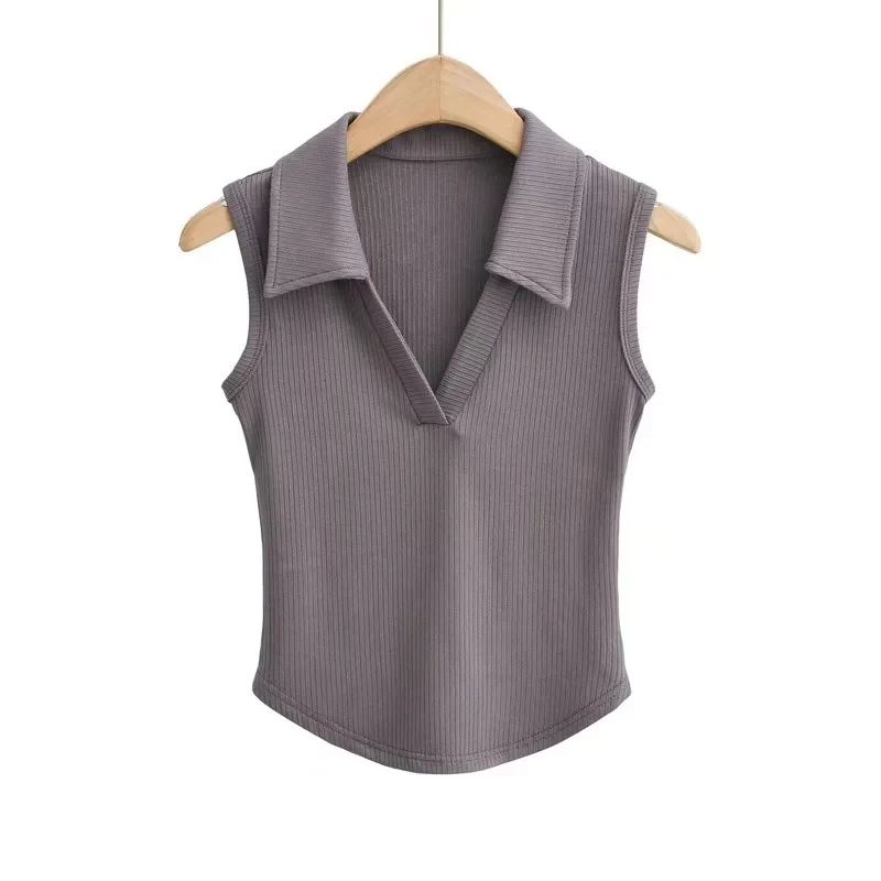 Slim Fit Vintage High Waist Sleeveless Vest Women's Fashion Design Turn-down Collar Elastic Threaded Tank Top Summer 