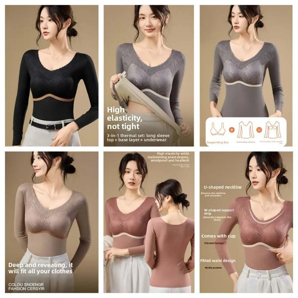 Ropa térmica de talla grande para mujer, Tops cálidos, ropa interior térmica con cuello redondo en U, Tops largos cálidos de lana de terciopelo con sensación de calefacción
