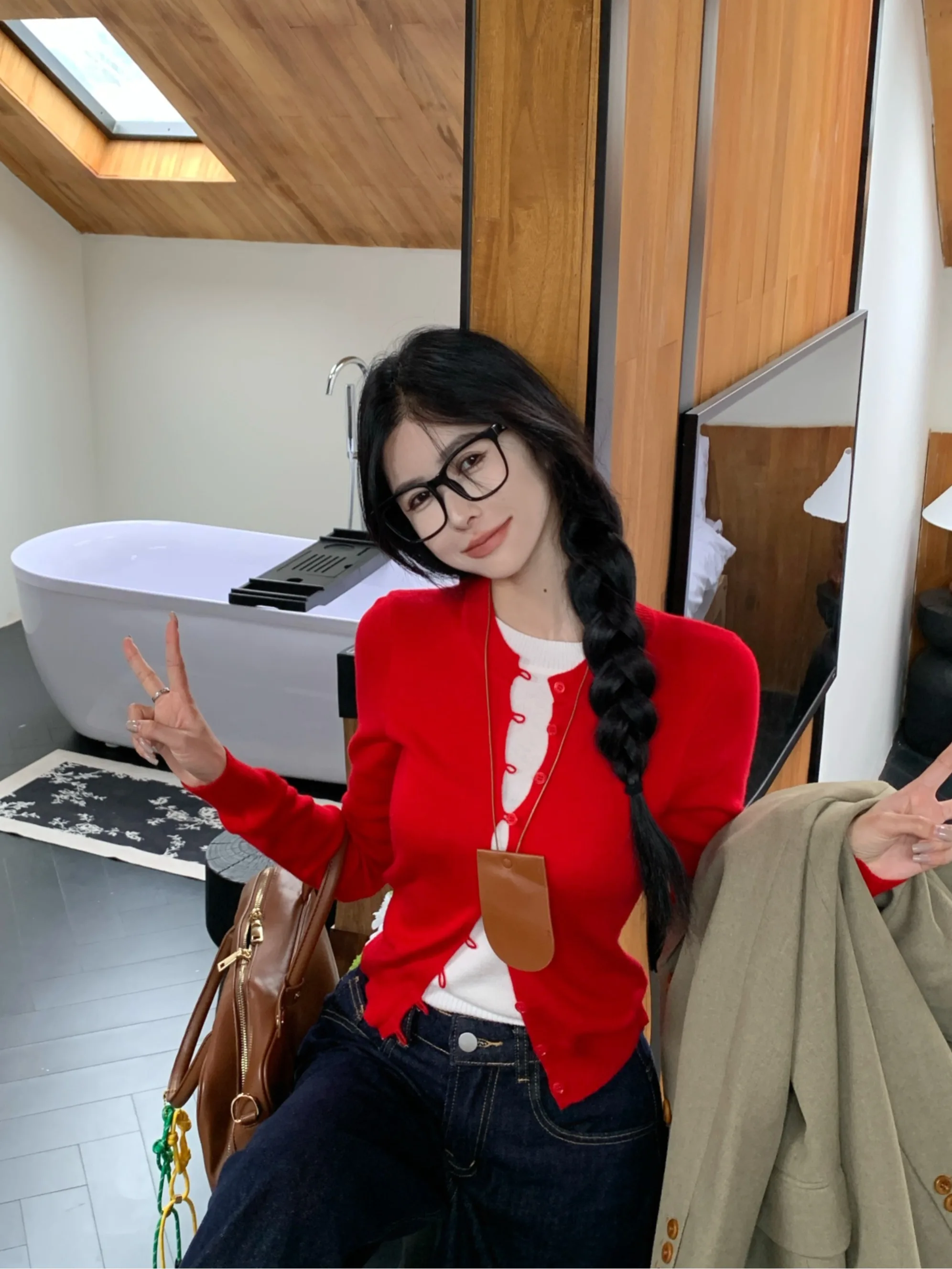 

Red Long Sve Knitted Sweater ort Sle Women's Spring Faion Slim Fit Inner Wear Base irt Sweet Sle Japanese Straig...