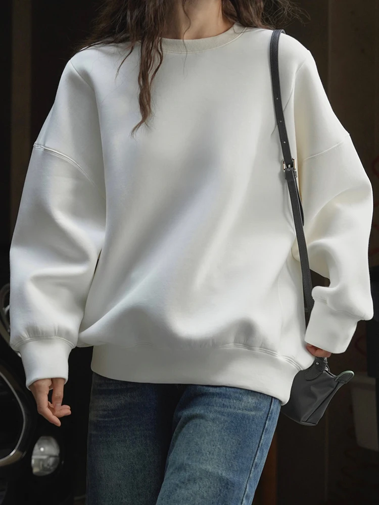 [EAM] White Apricot Casual Shaped  Sweatshirt New Round Neck Long Sleeve Women Big Size Fashion Tide Spring Autumn 2023 1DH4965