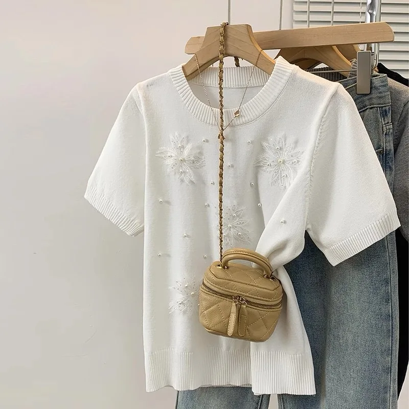 Flor estéreo camisola de malha camisetas femininas 2025 verão manga curta o-pescoço camisetas topos moda casual elegante senhoras malhas