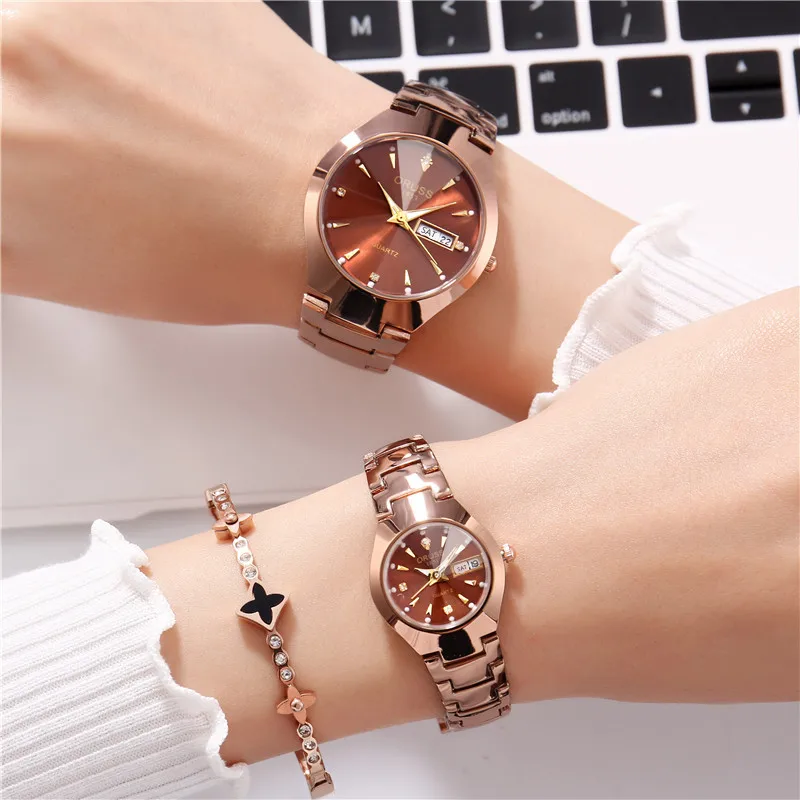 Couple Watches A pair of romantic upscale fashion all-in-one personality dual calendar durable steel belt casual business watch