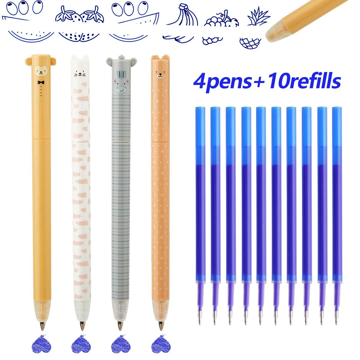 4-Pack Cute Zoo Erasable Neutral Pens + 10 Refills, 0.5mm Blue Ink, Twist Design, Smooth Quick-Dry Writing, School Office Gifts