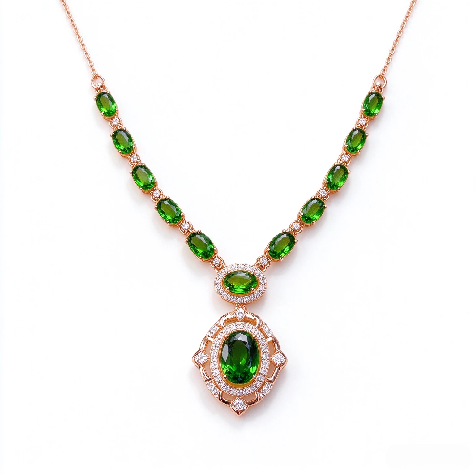 Natural Diopside & Peridot Multi‑gem Necklace,S925 Silver 4*6mm+7*9mm Stones,Rose Gold Vintage Evening Gem Necklace